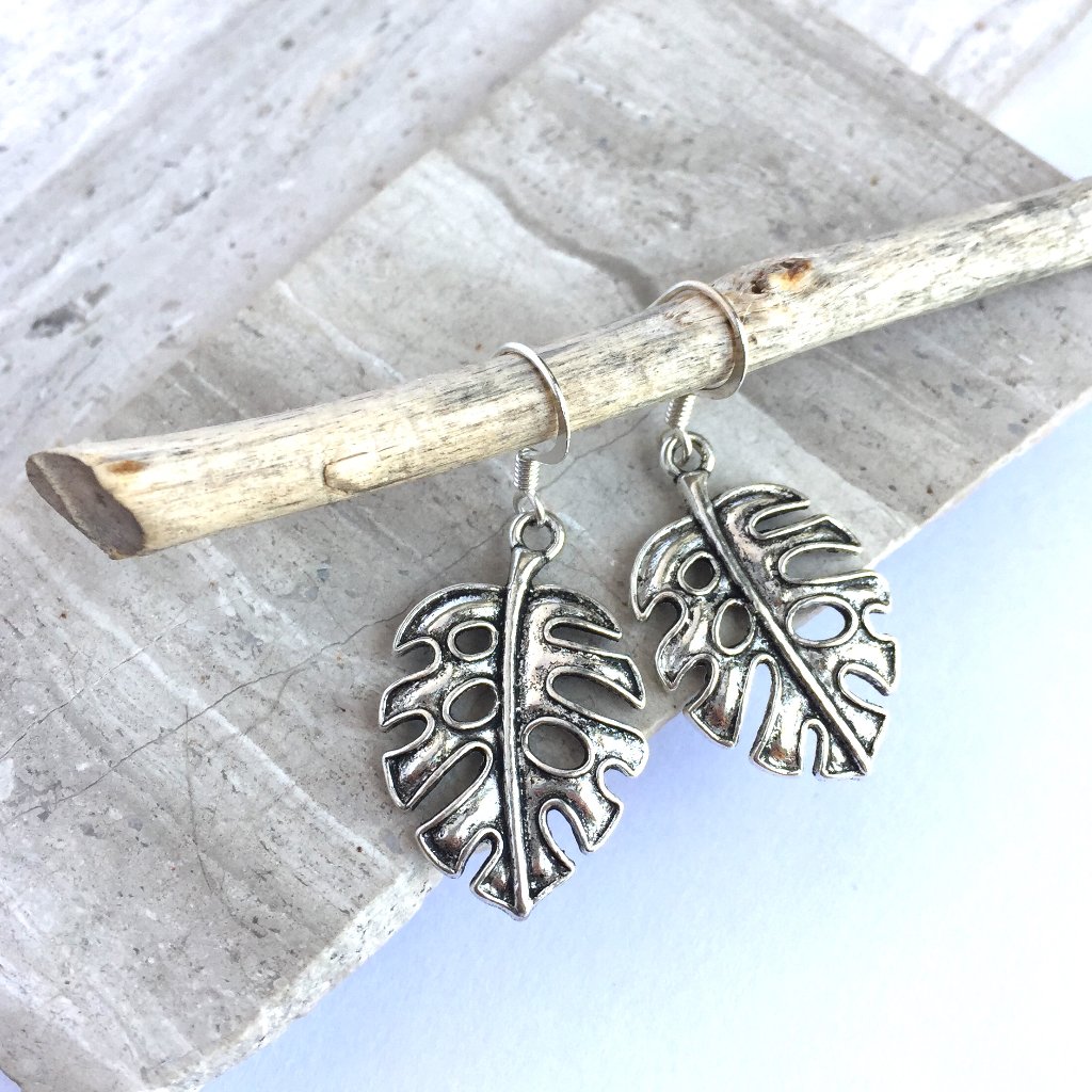 Silver Monstera Leaf Charm Earrings 23$